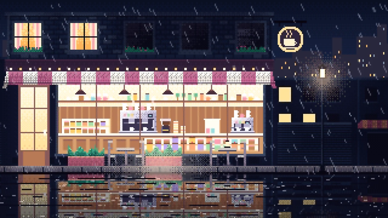 Navy Pixel Art Coffee Shop at Night in the Rain desktop wallpaper in 4K