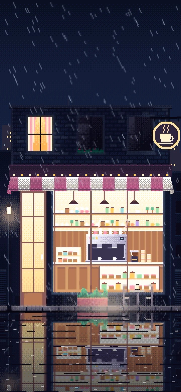 Navy Pixel Art Coffee Shop at Night in the Rain wallpaper for iPhone and Android
