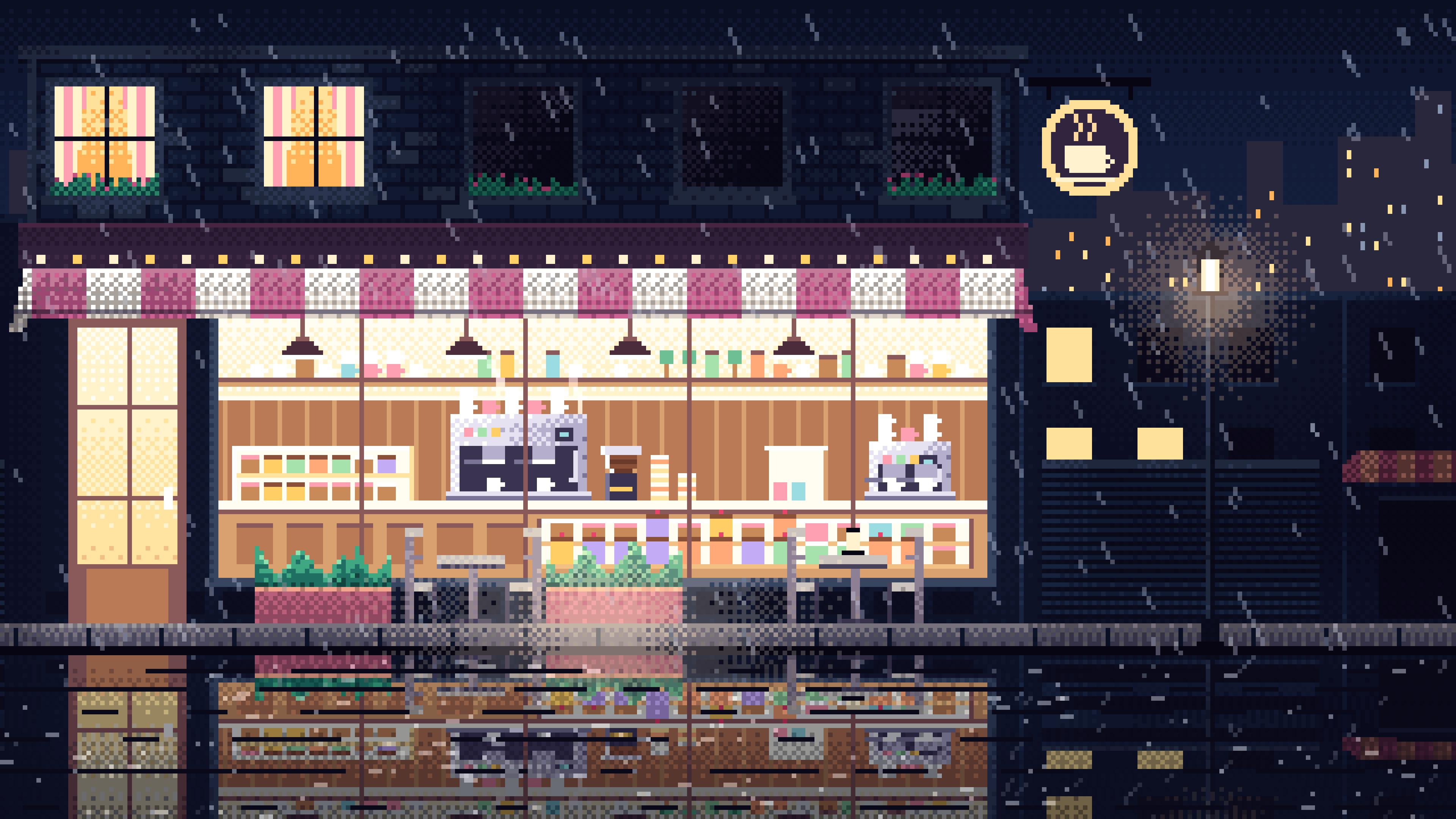 Navy Pixel Art Coffee Shop at Night in the Rain desktop wallpaper in 4K