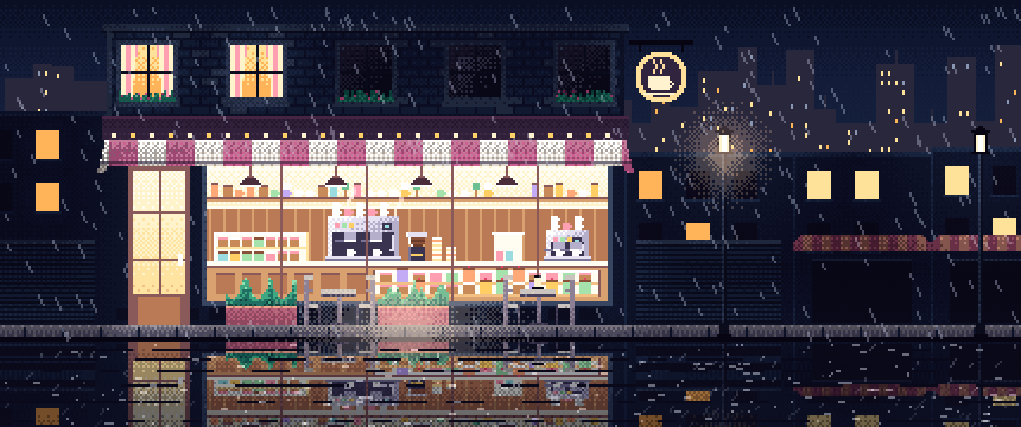 Navy Pixel Art Coffee Shop at Night in the Rain ultrawide wallpaper, 3440 × 1440