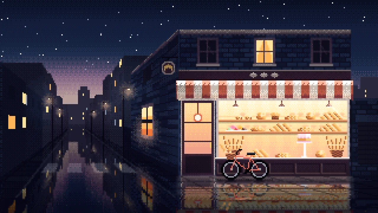 Navy Pixel Art Corner Bakery desktop wallpaper in 4K