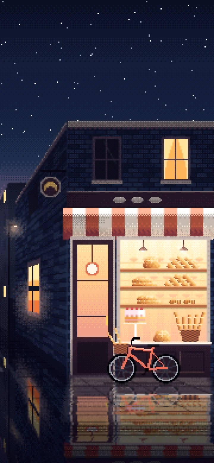 Navy Pixel Art Corner Bakery wallpaper for iPhone and Android