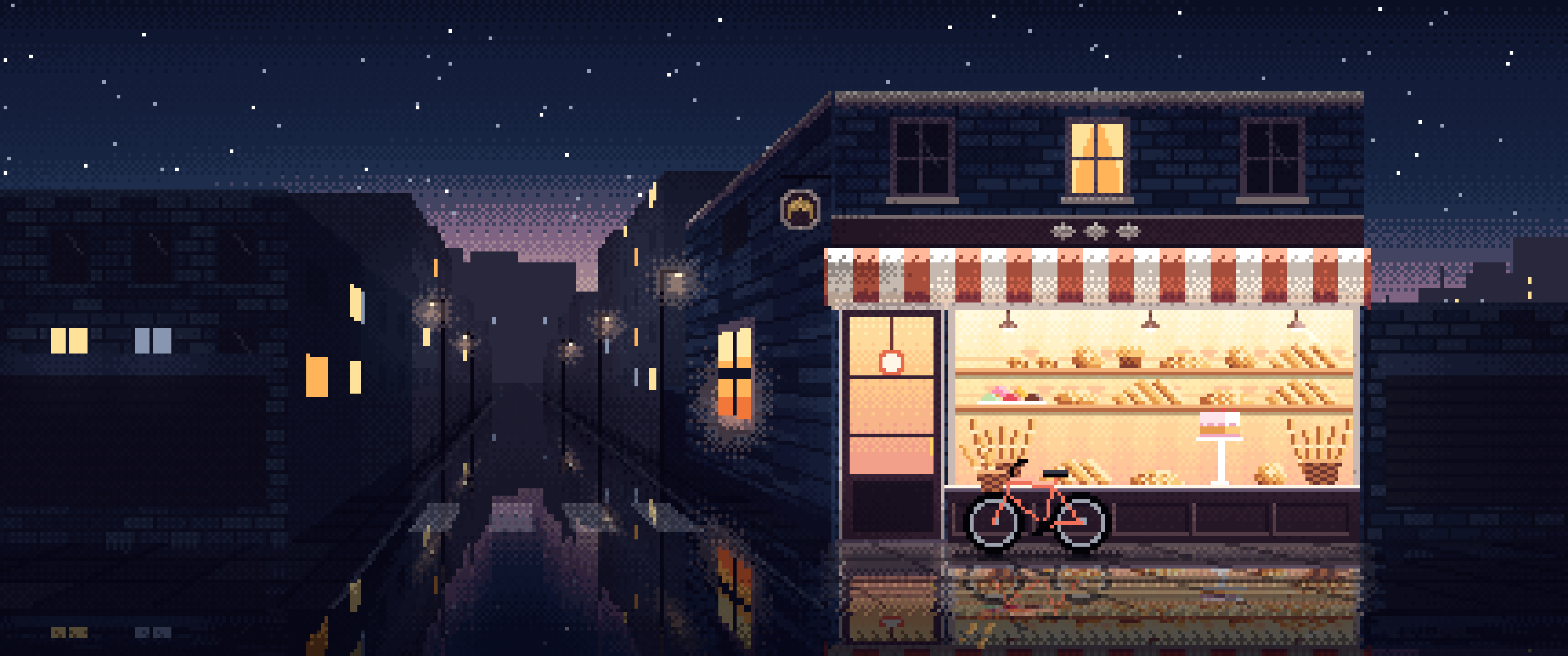 Navy Pixel Art Corner Bakery ultrawide wallpaper, 3440 × 1440