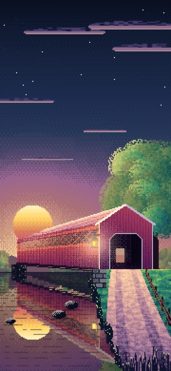Navy Pixel Art Covered Bridge at Sunset wallpaper for iPhone and Android