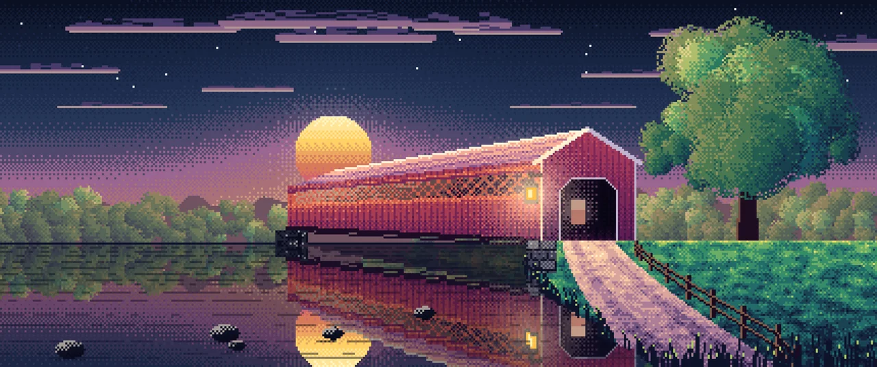 Navy Pixel Art Covered Bridge at Sunset ultrawide wallpaper, 3440 × 1440
