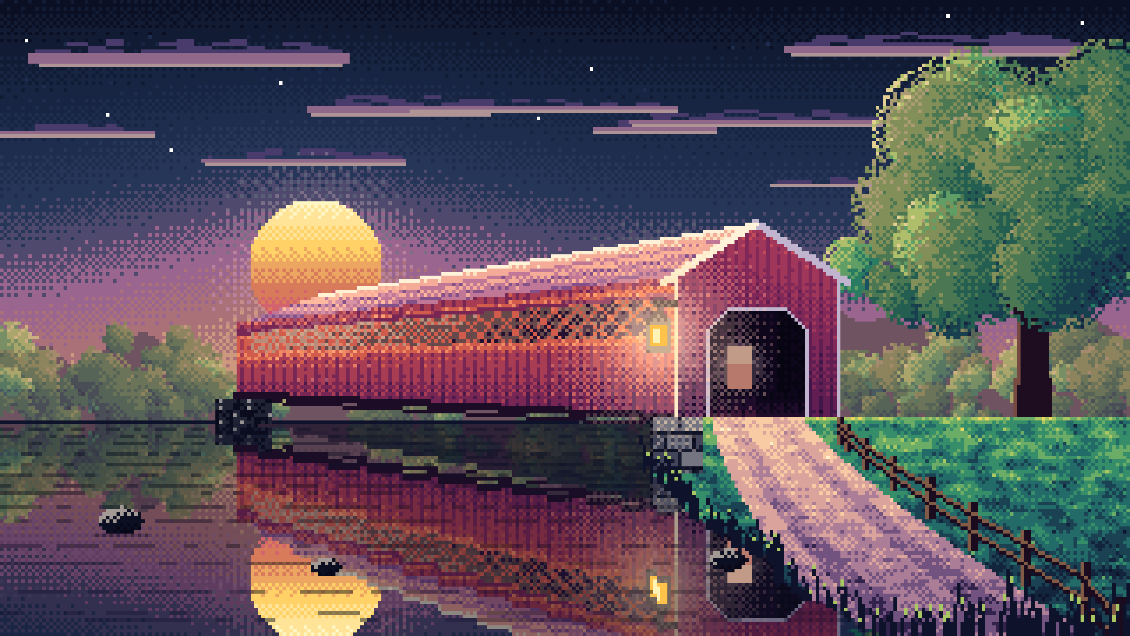 Navy Pixel Art Covered Bridge at Sunset desktop wallpaper in 4K