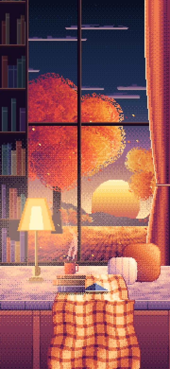 Navy Pixel Art Cozy Fall Reading Nook at Sunset wallpaper for iPhone and Android