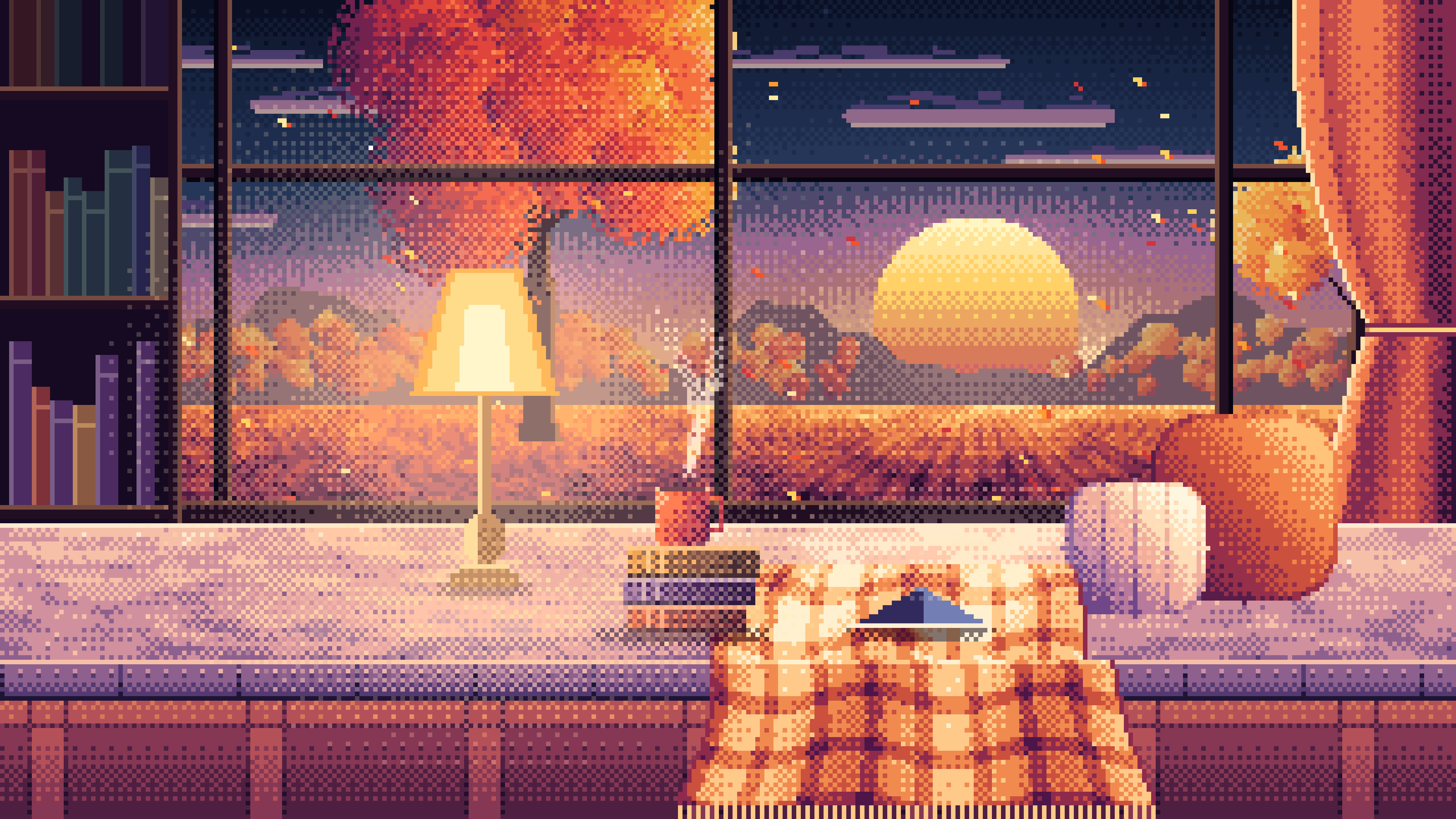 Navy Pixel Art Cozy Fall Reading Nook at Sunset desktop wallpaper in 4K