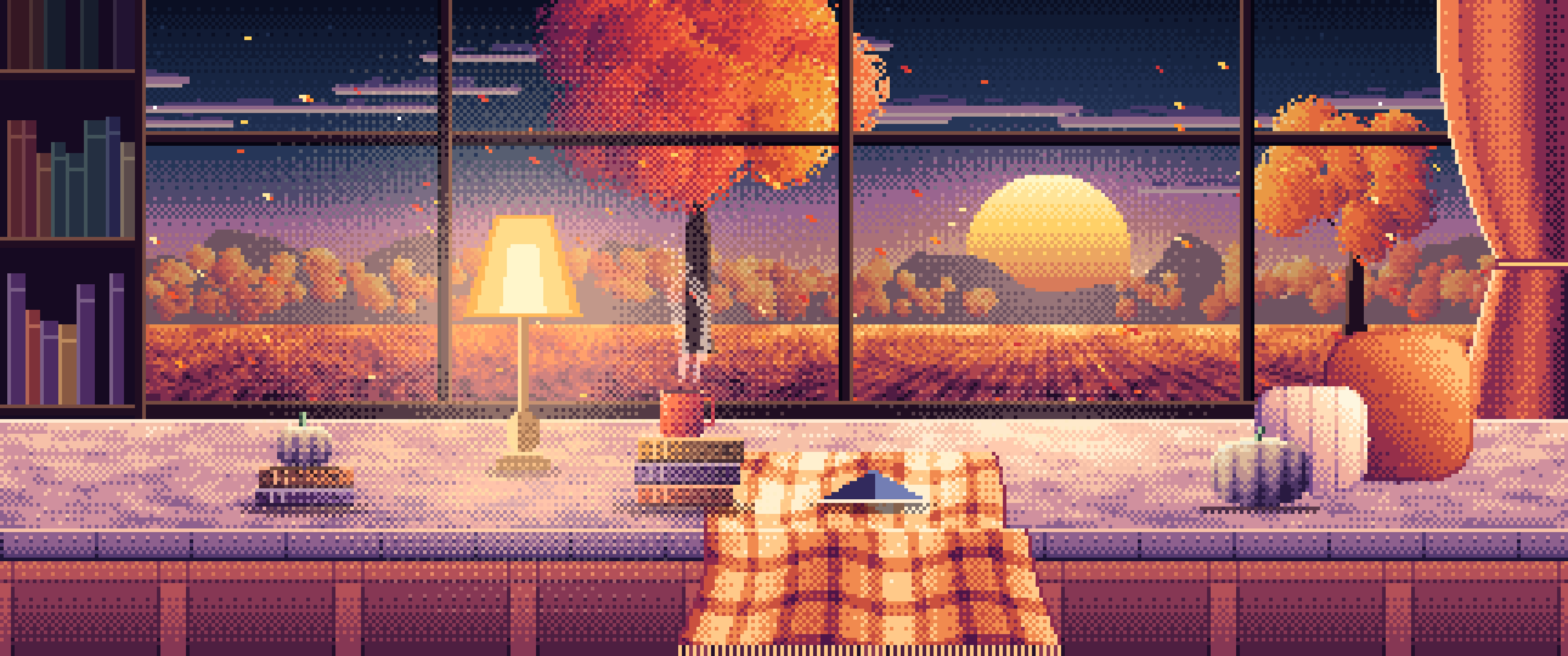 Navy Pixel Art Cozy Fall Reading Nook at Sunset ultrawide wallpaper, 3440 × 1440