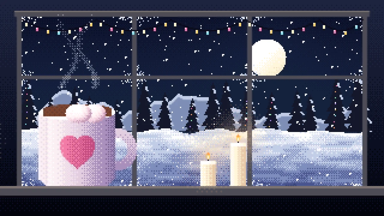 Navy Pixel Art Cozy Winter Window desktop wallpaper in 4K