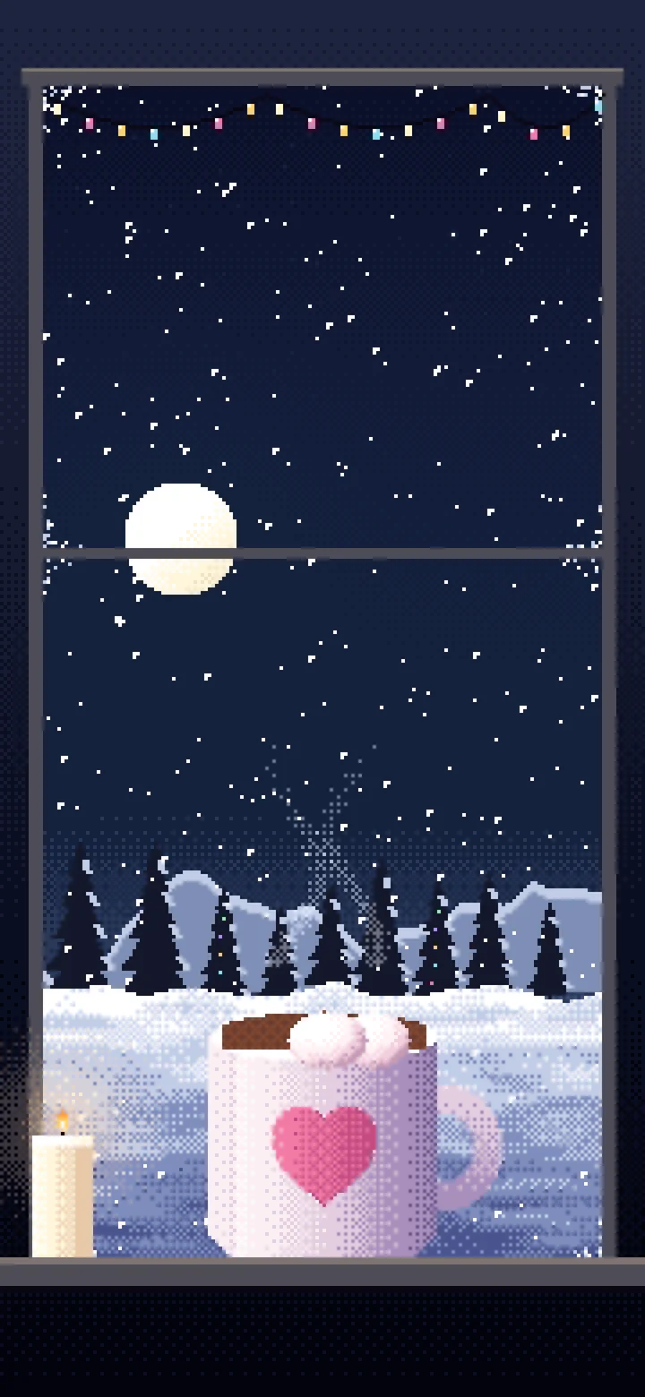 Navy Pixel Art Cozy Winter Window wallpaper for iPhone and Android