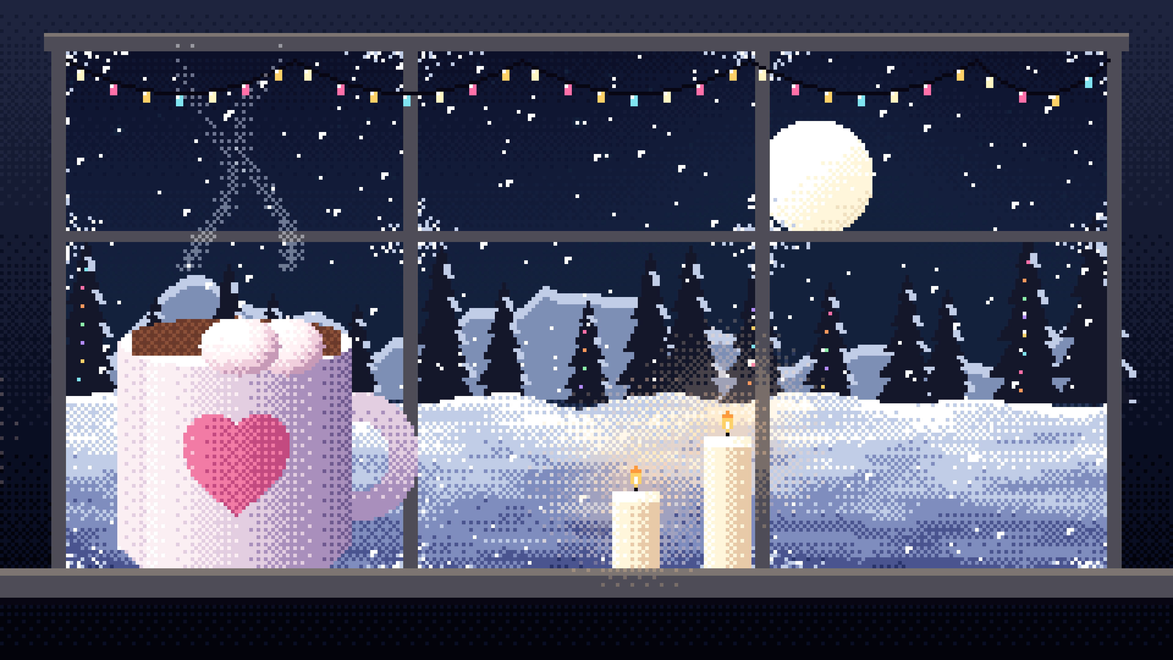 Navy Pixel Art Cozy Winter Window desktop wallpaper in 4K