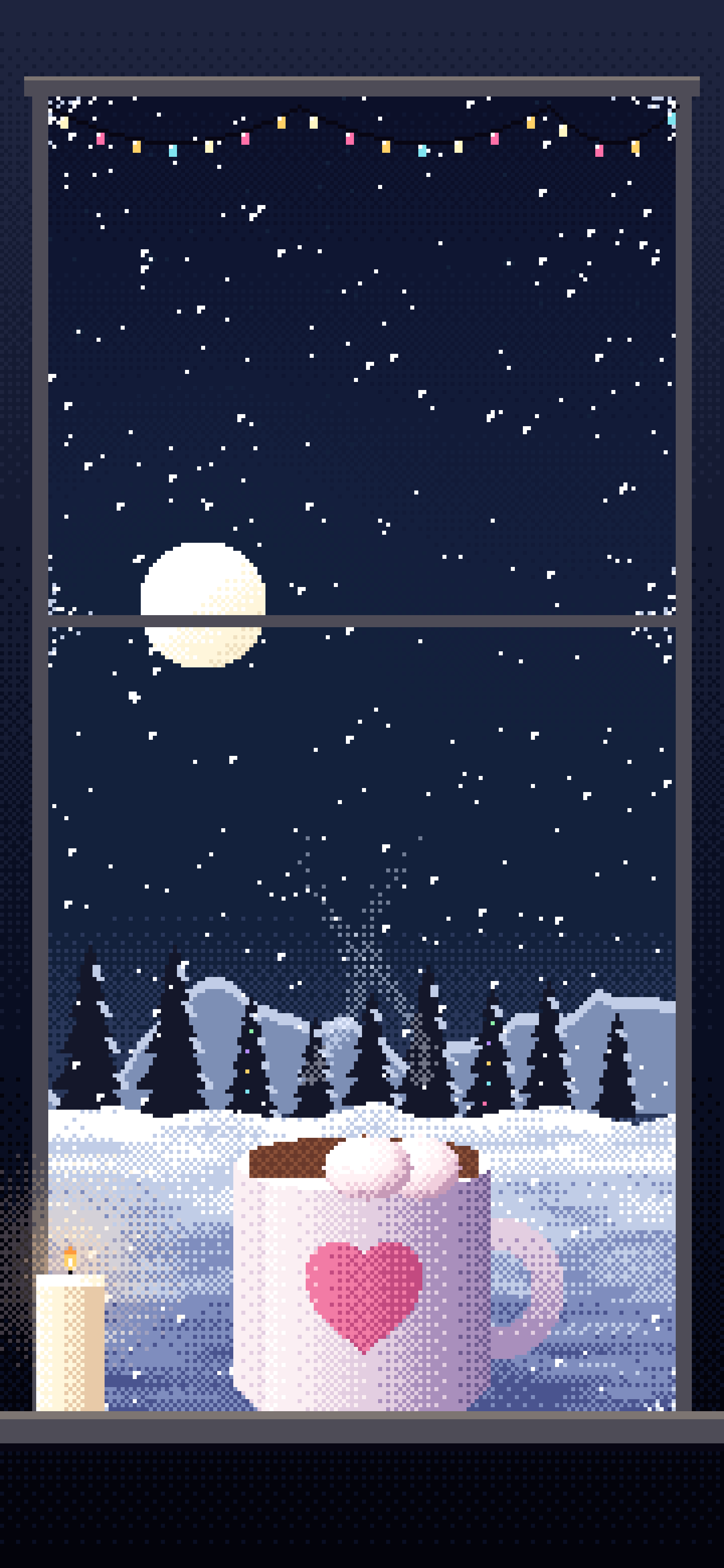 Navy Pixel Art Cozy Winter Window wallpaper for iPhone and Android