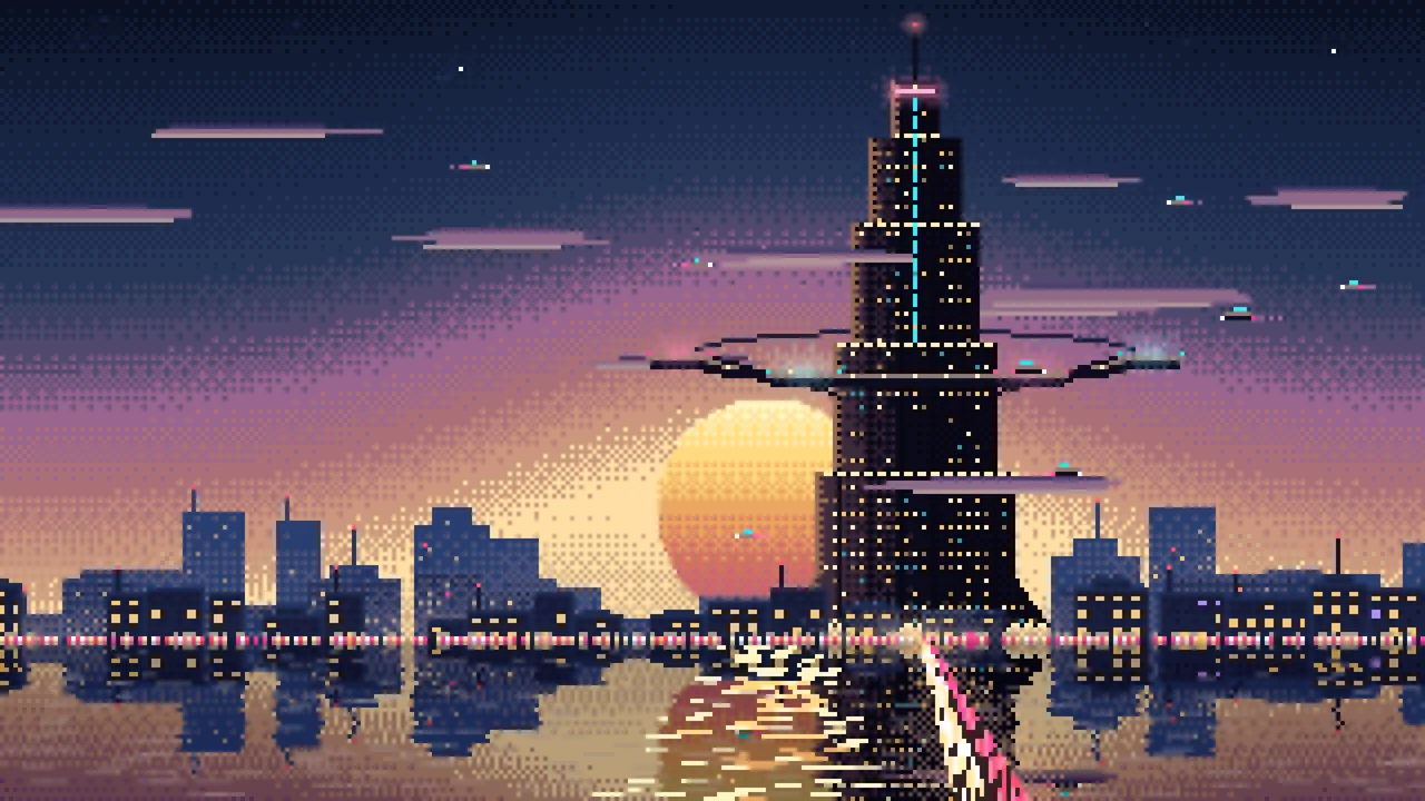 Navy Pixel Art Cyberpunk Megatower at Dusk desktop wallpaper in 4K