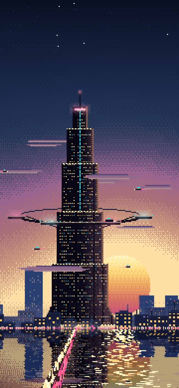 Navy Pixel Art Cyberpunk Megatower at Dusk wallpaper for iPhone and Android