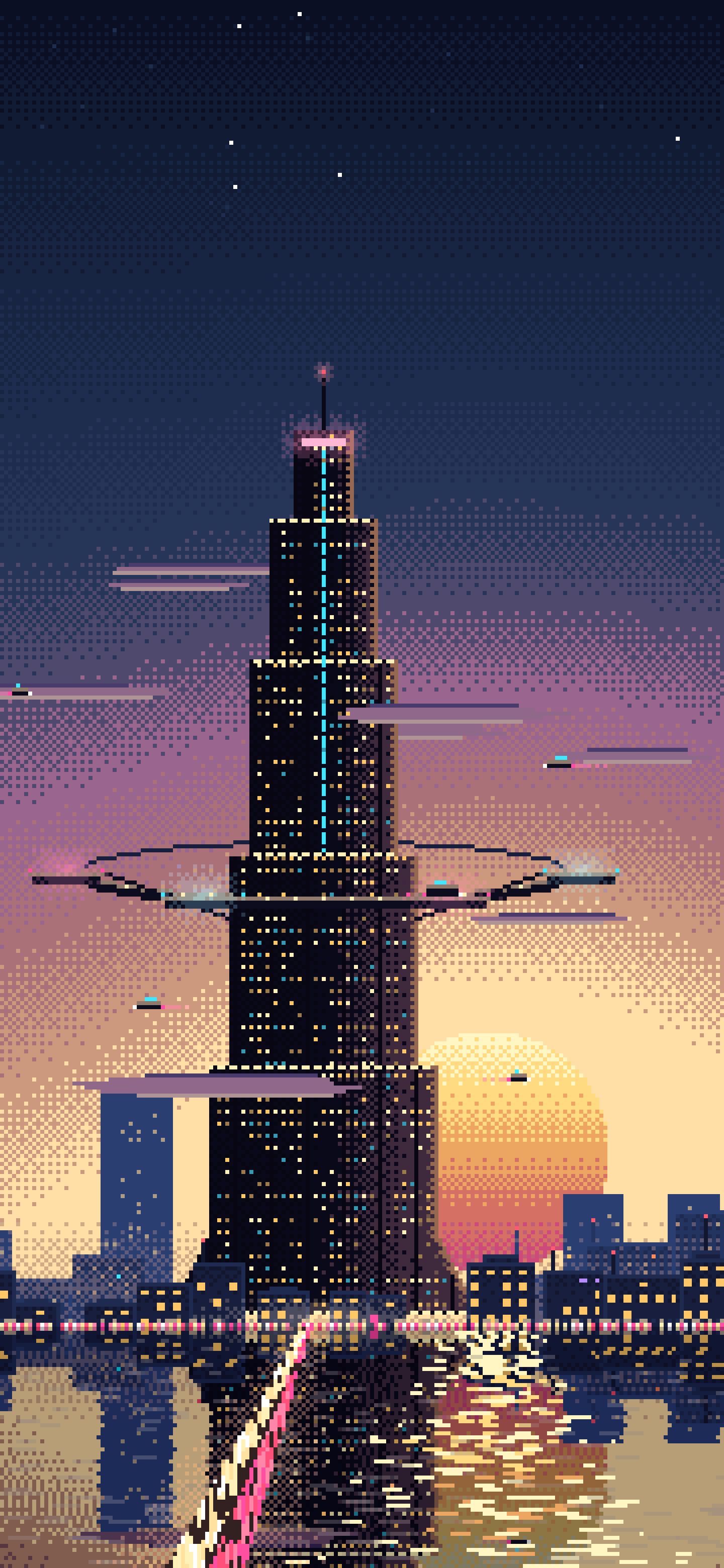 Navy Pixel Art Cyberpunk Megatower at Dusk wallpaper for iPhone and Android