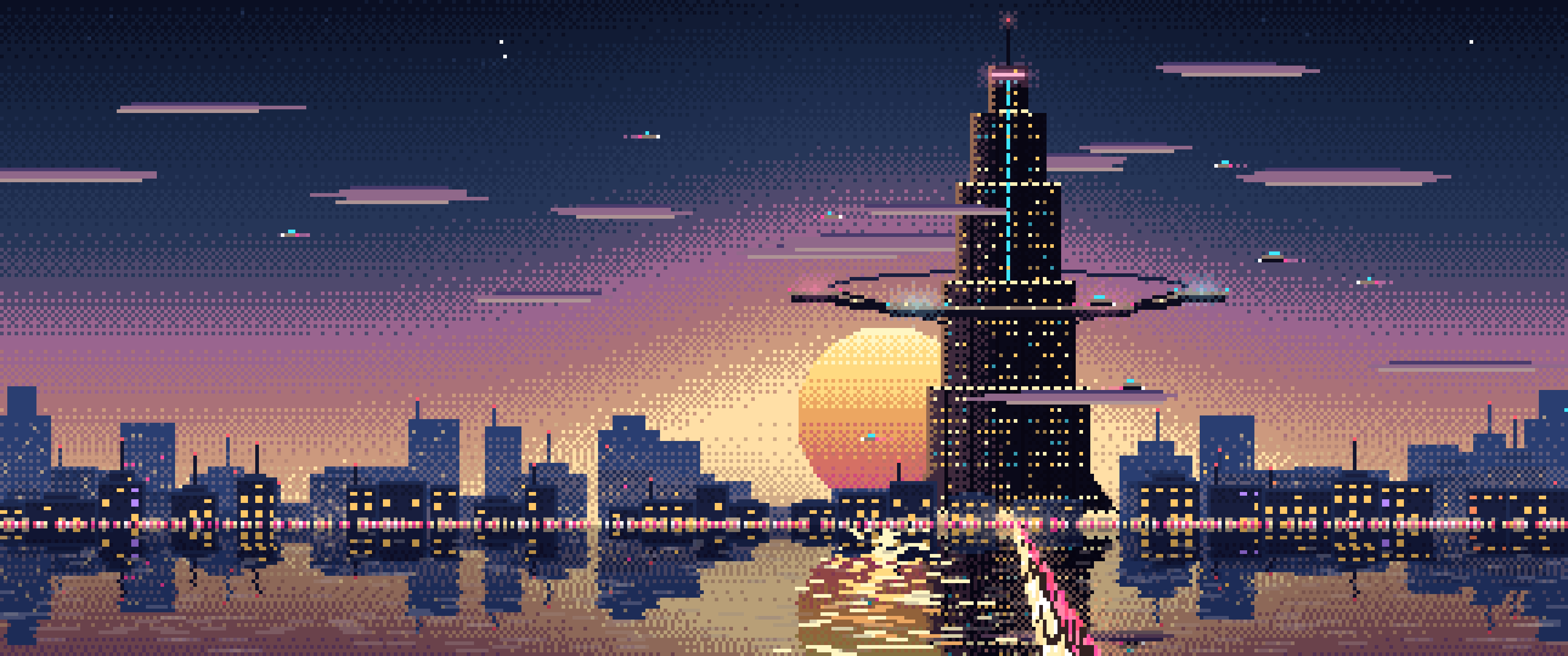 Navy Pixel Art Cyberpunk Megatower at Dusk ultrawide wallpaper, 3440 × 1440