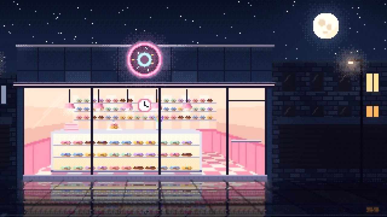 Navy Pixel Art Donut Shop desktop wallpaper in 4K