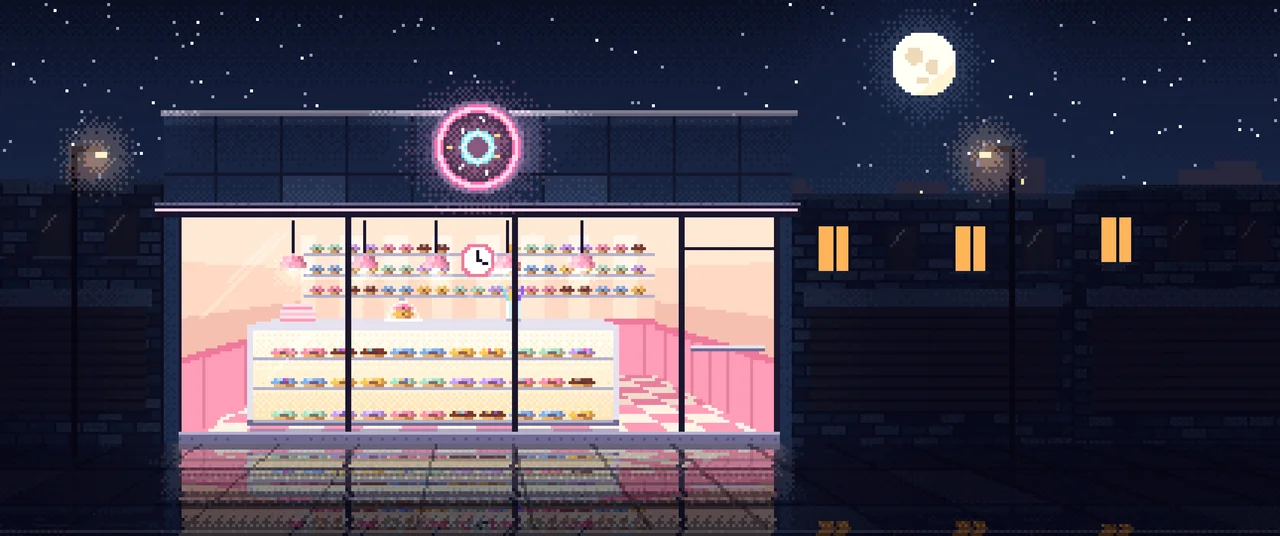 Navy Pixel Art Donut Shop ultrawide wallpaper, 3440 × 1440