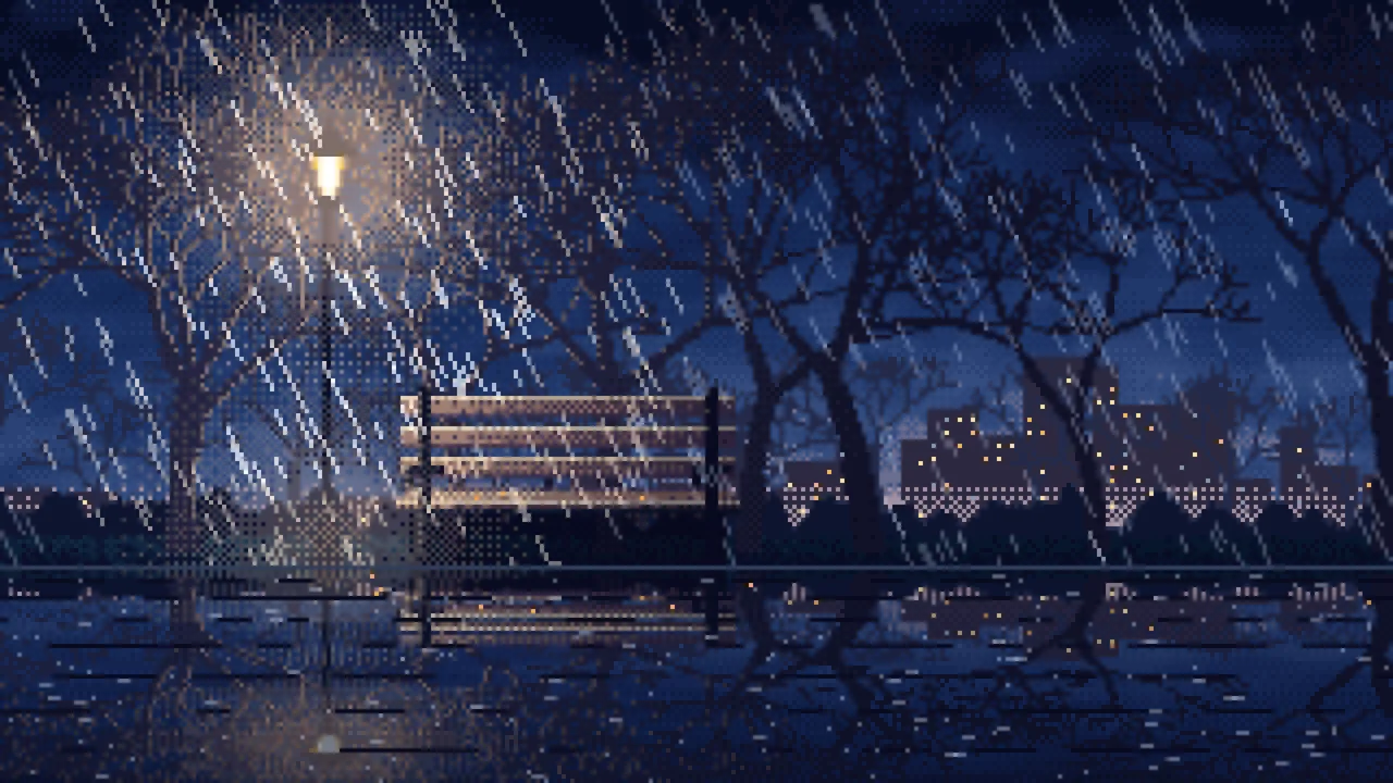 Navy Pixel Art Empty Bench in the Rain at Night desktop wallpaper in 4K