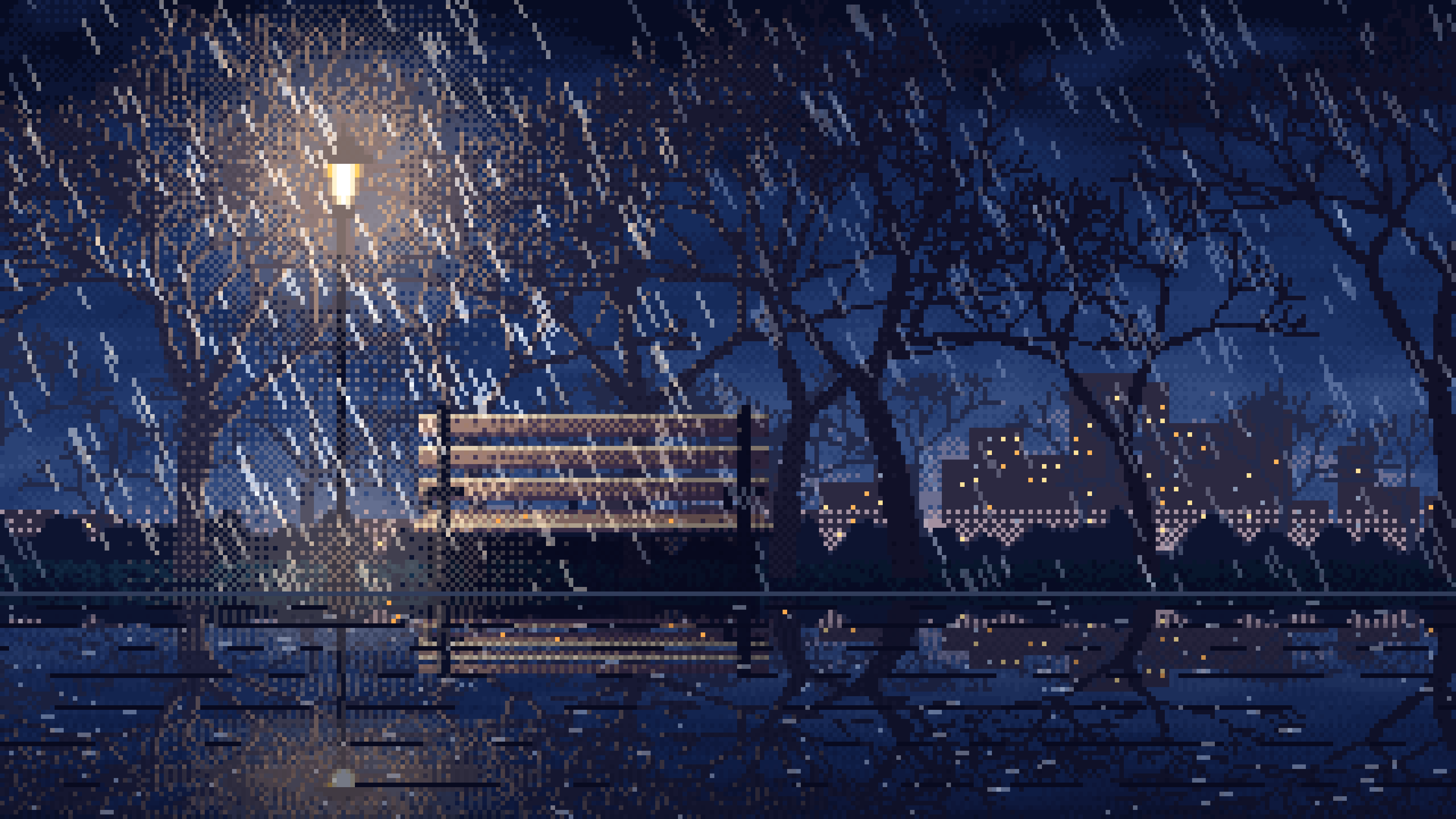 Navy Pixel Art Empty Bench in the Rain at Night desktop wallpaper in 4K
