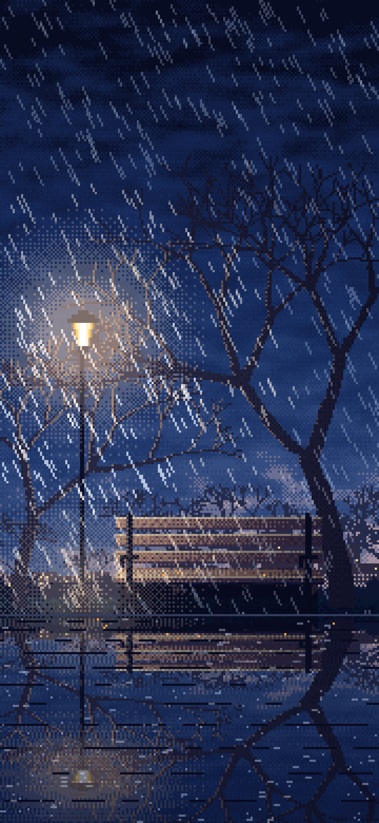 Navy Pixel Art Empty Bench in the Rain at Night wallpaper for iPhone and Android