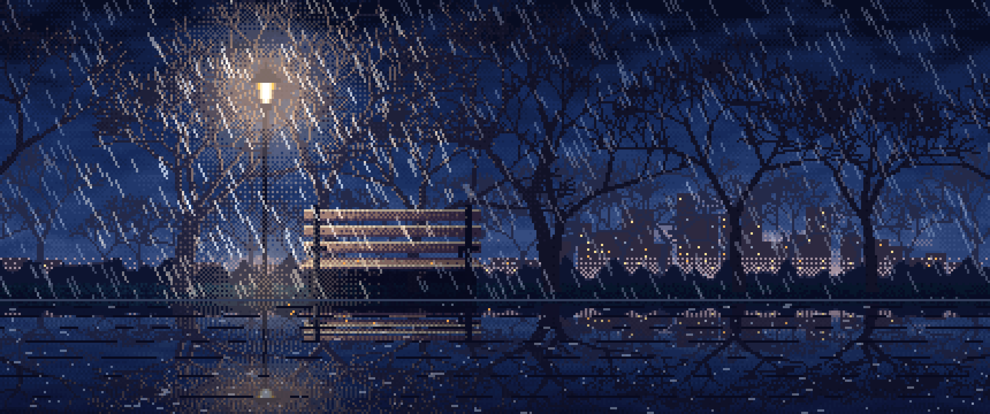 Navy Pixel Art Empty Bench in the Rain at Night ultrawide wallpaper, 3440 × 1440