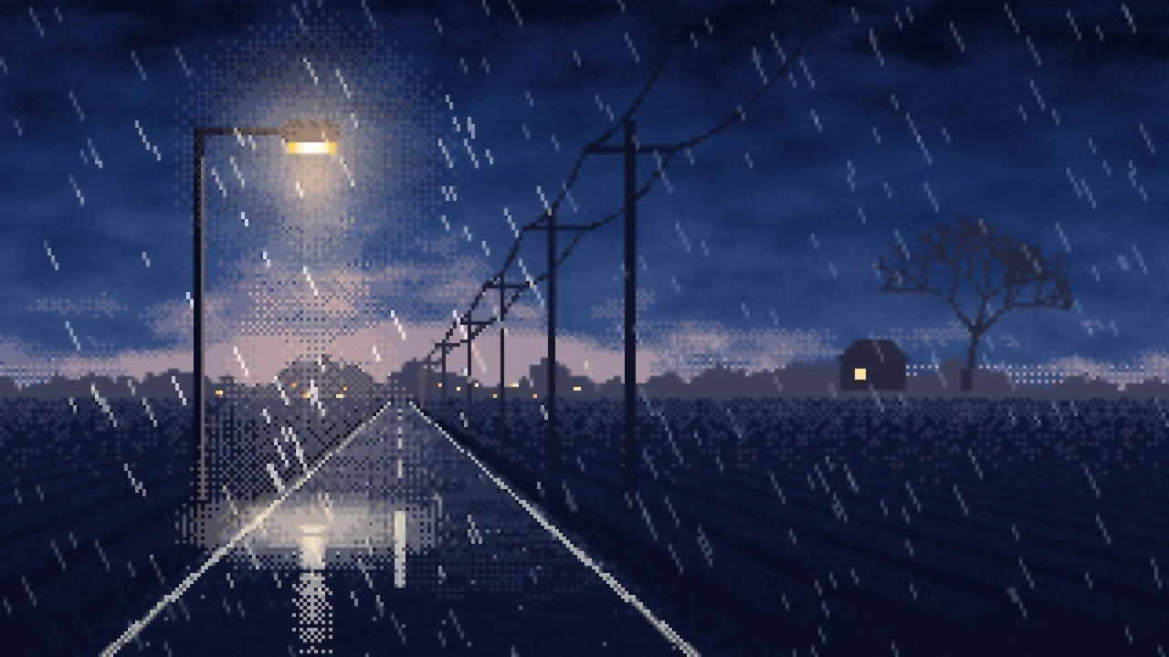 Navy Pixel Art Empty Road in the Rain at Night desktop wallpaper in 4K