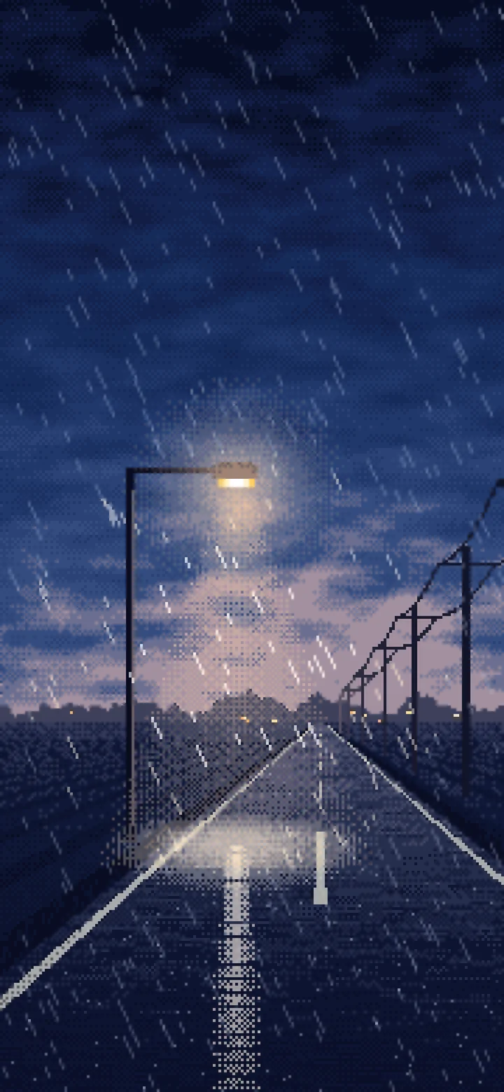 Navy Pixel Art Empty Road in the Rain at Night wallpaper for iPhone and Android