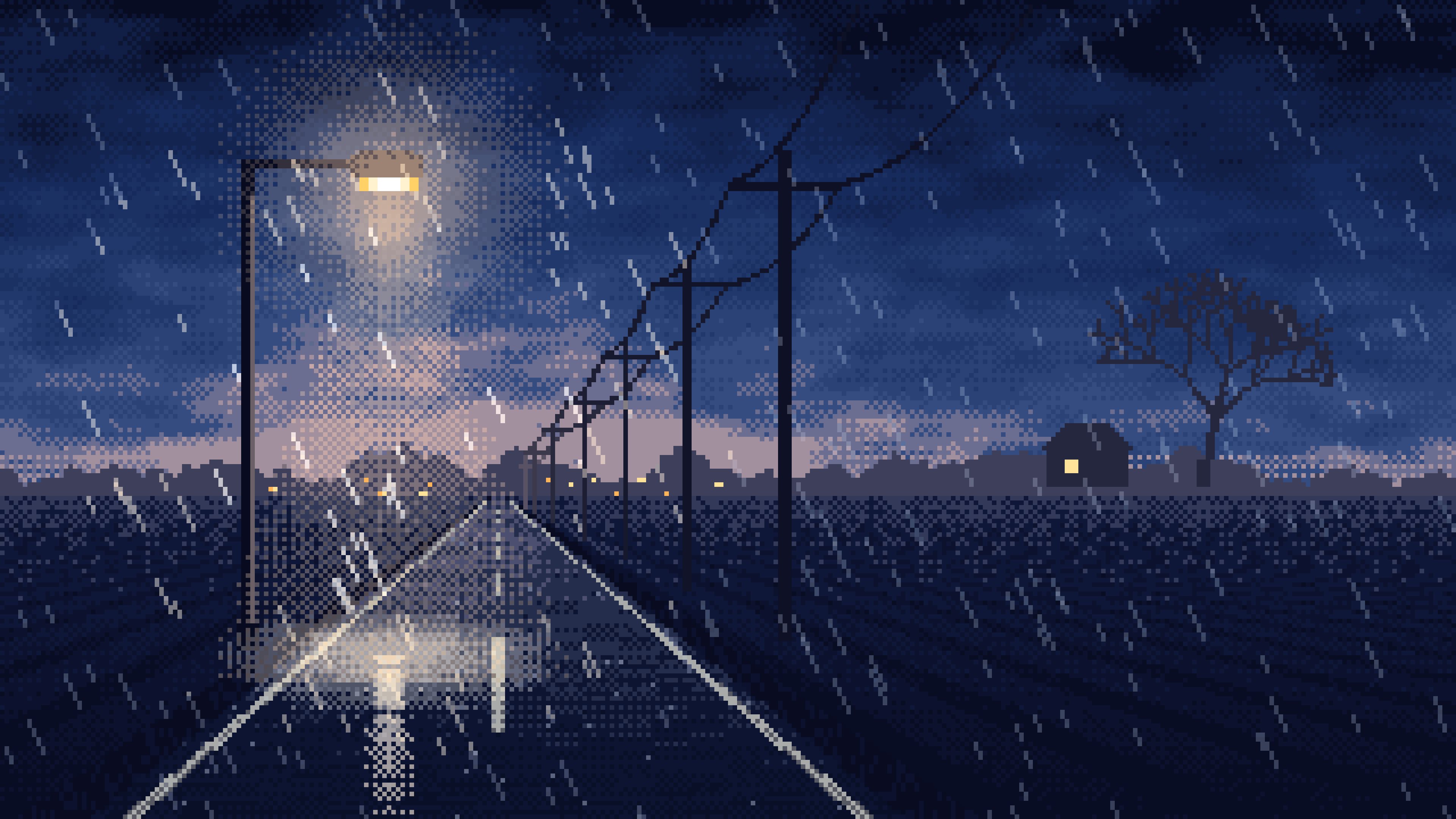 Navy Pixel Art Empty Road in the Rain at Night desktop wallpaper in 4K