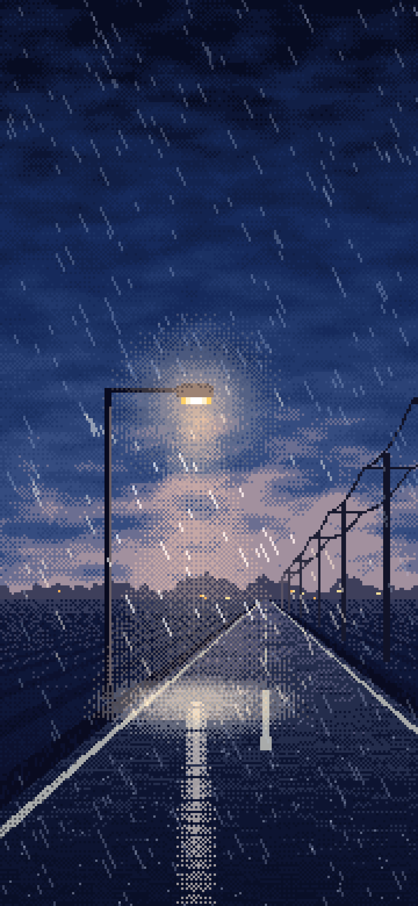 Navy Pixel Art Empty Road in the Rain at Night wallpaper for iPhone and Android