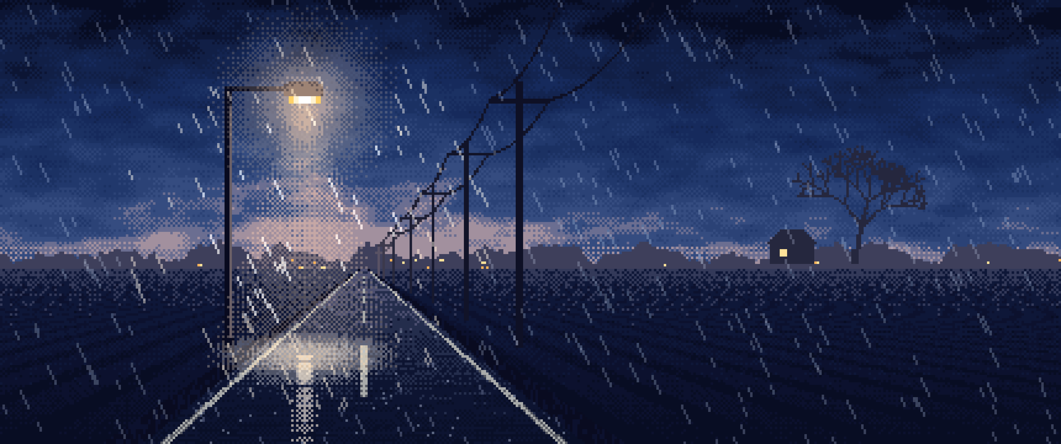 Navy Pixel Art Empty Road in the Rain at Night ultrawide wallpaper, 3440 × 1440