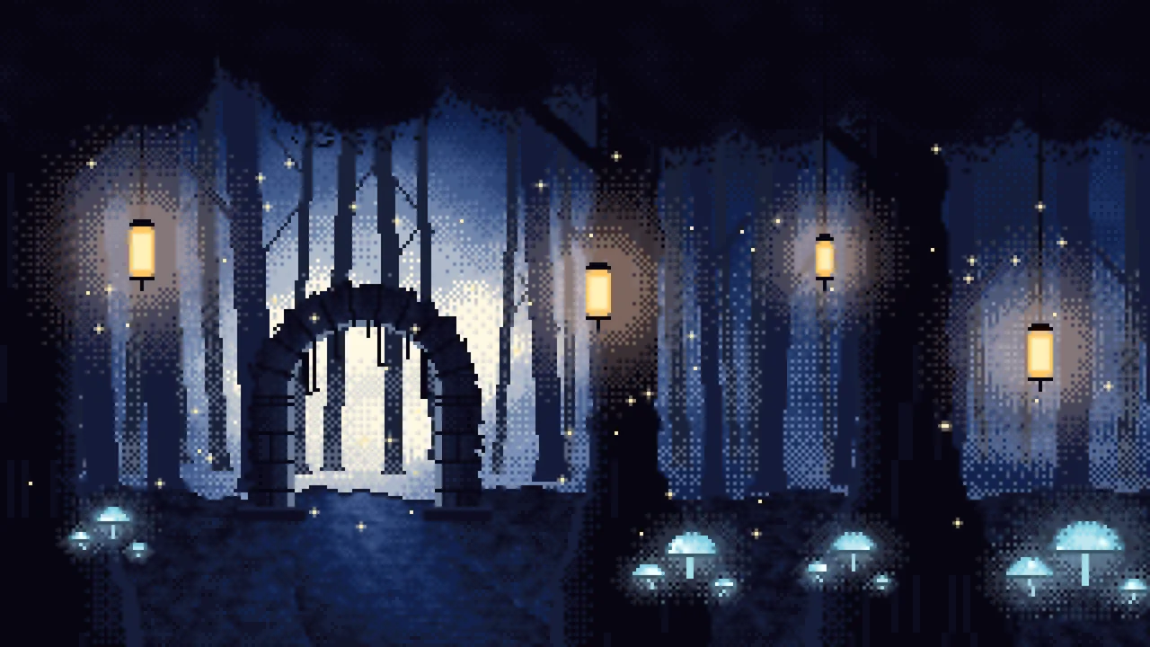 Navy Pixel Art Enchanted Forest desktop wallpaper in 4K