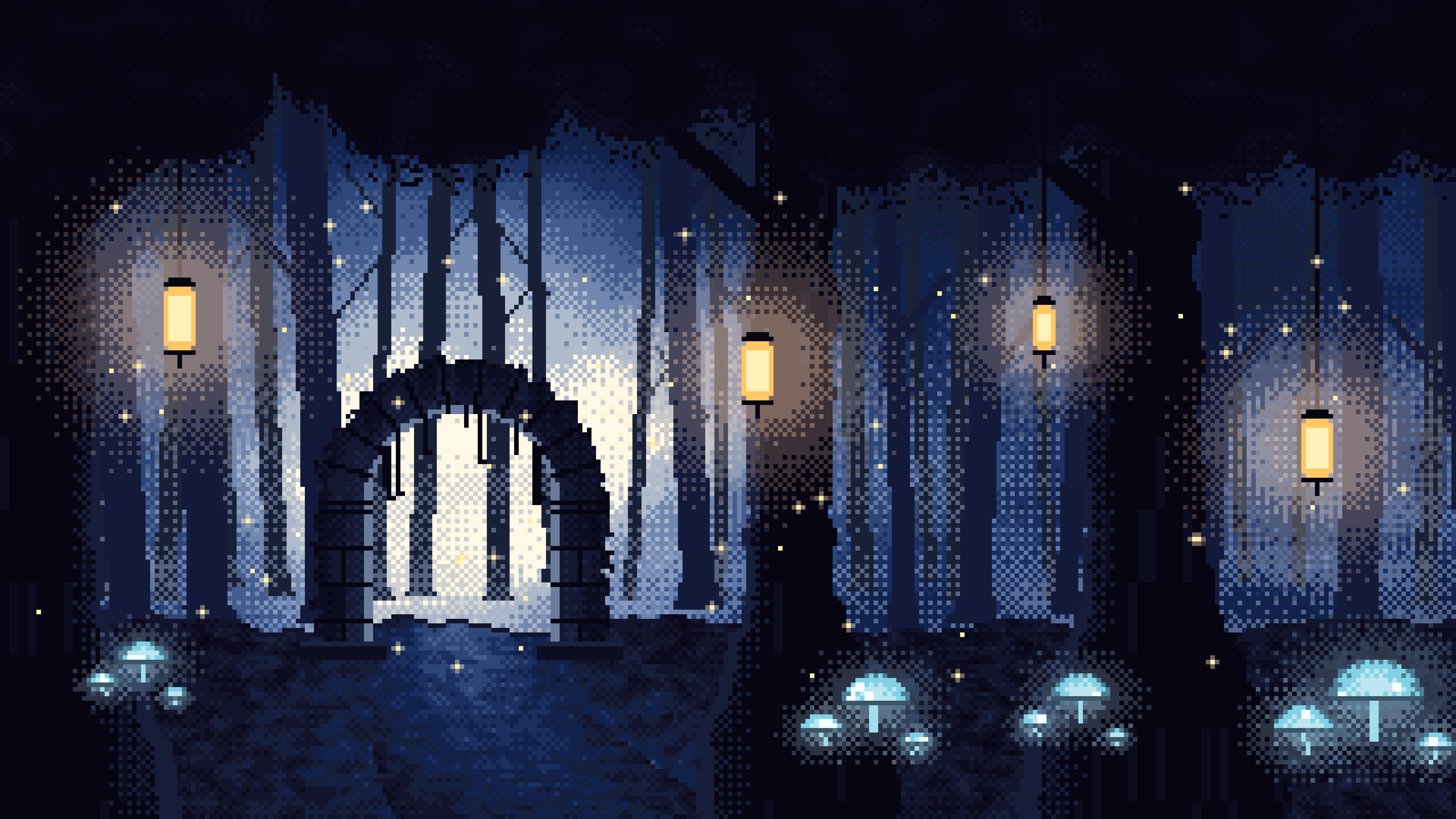 Navy Pixel Art Enchanted Forest desktop wallpaper in 4K
