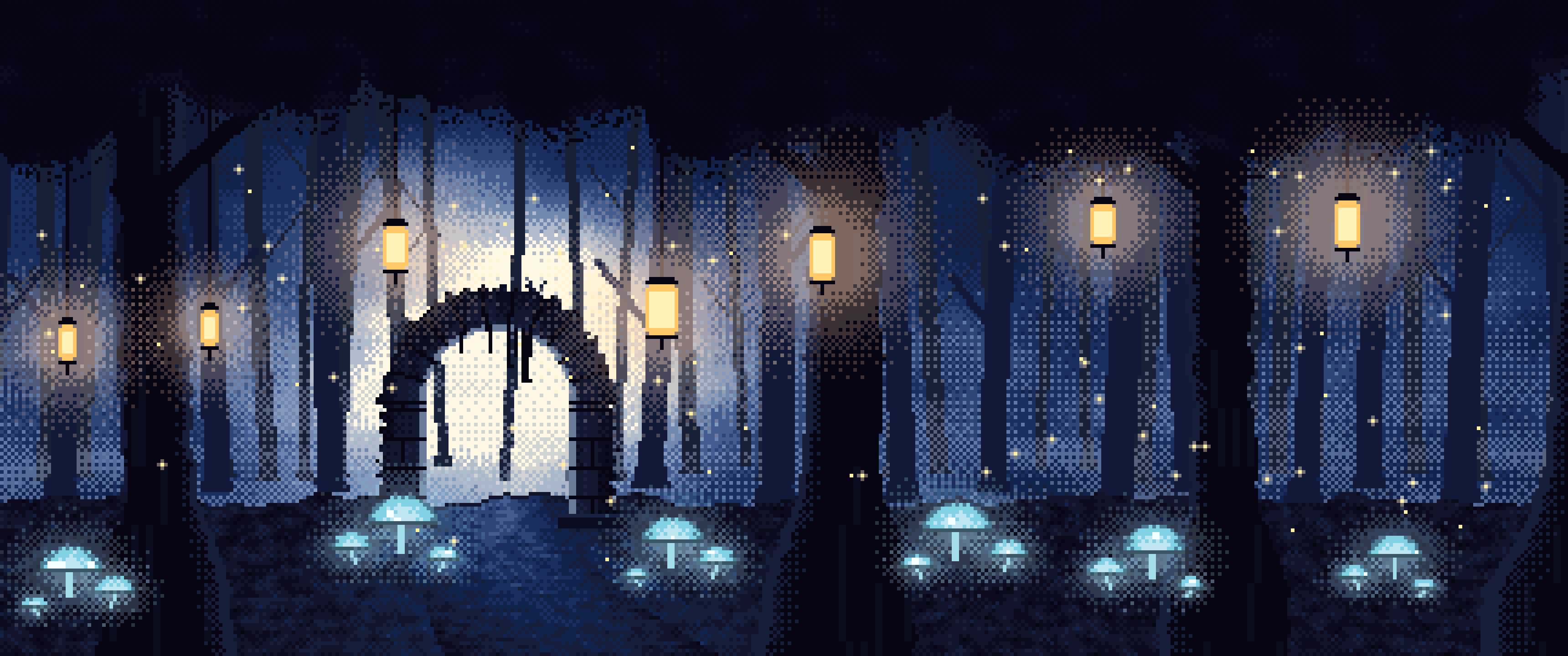 Navy Pixel Art Enchanted Forest ultrawide wallpaper, 3440 × 1440