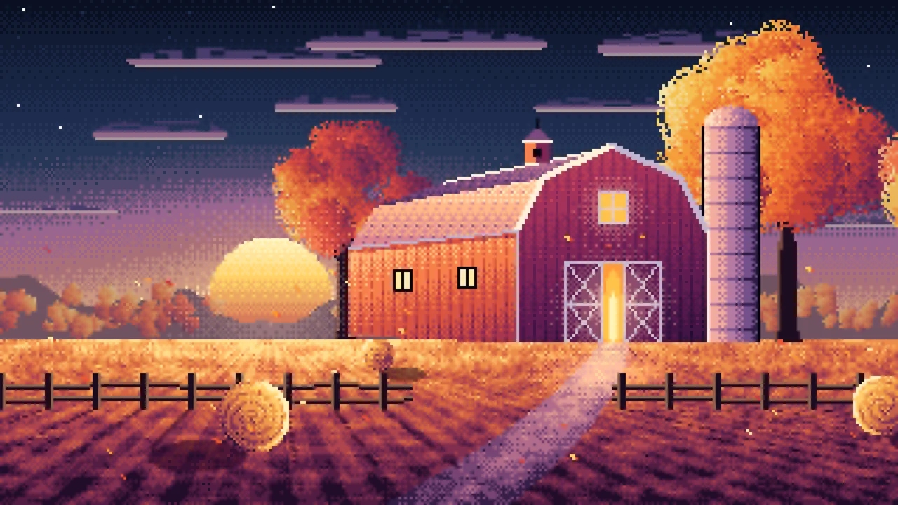 Navy Pixel Art Fall Barn at Sunset desktop wallpaper in 4K