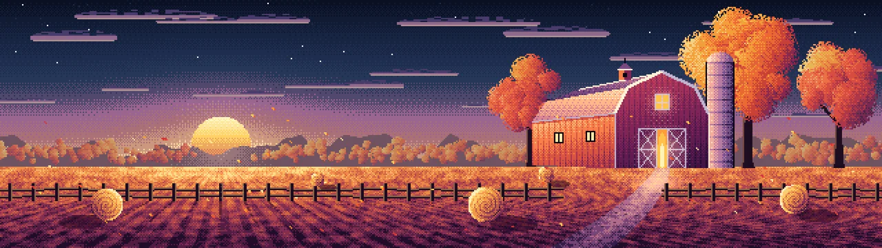 Navy Pixel Art Fall Barn at Sunset dual monitor wallpaper, 7680 × 2160