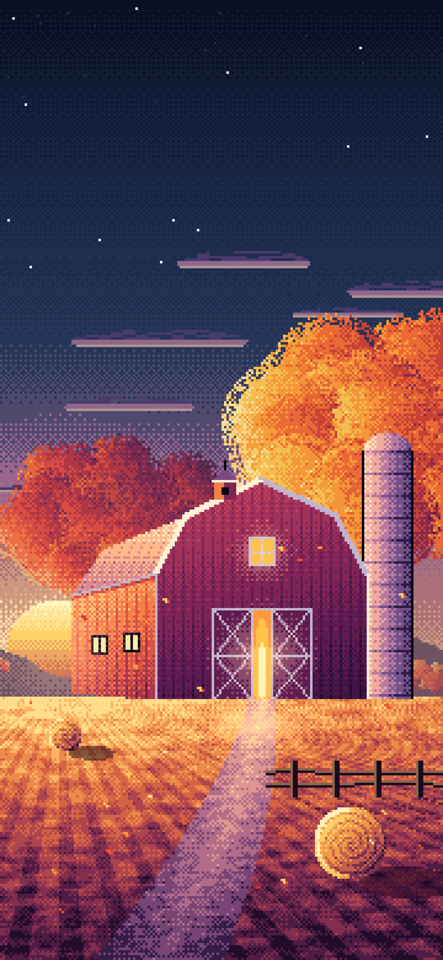 Navy Pixel Art Fall Barn at Sunset wallpaper for iPhone and Android