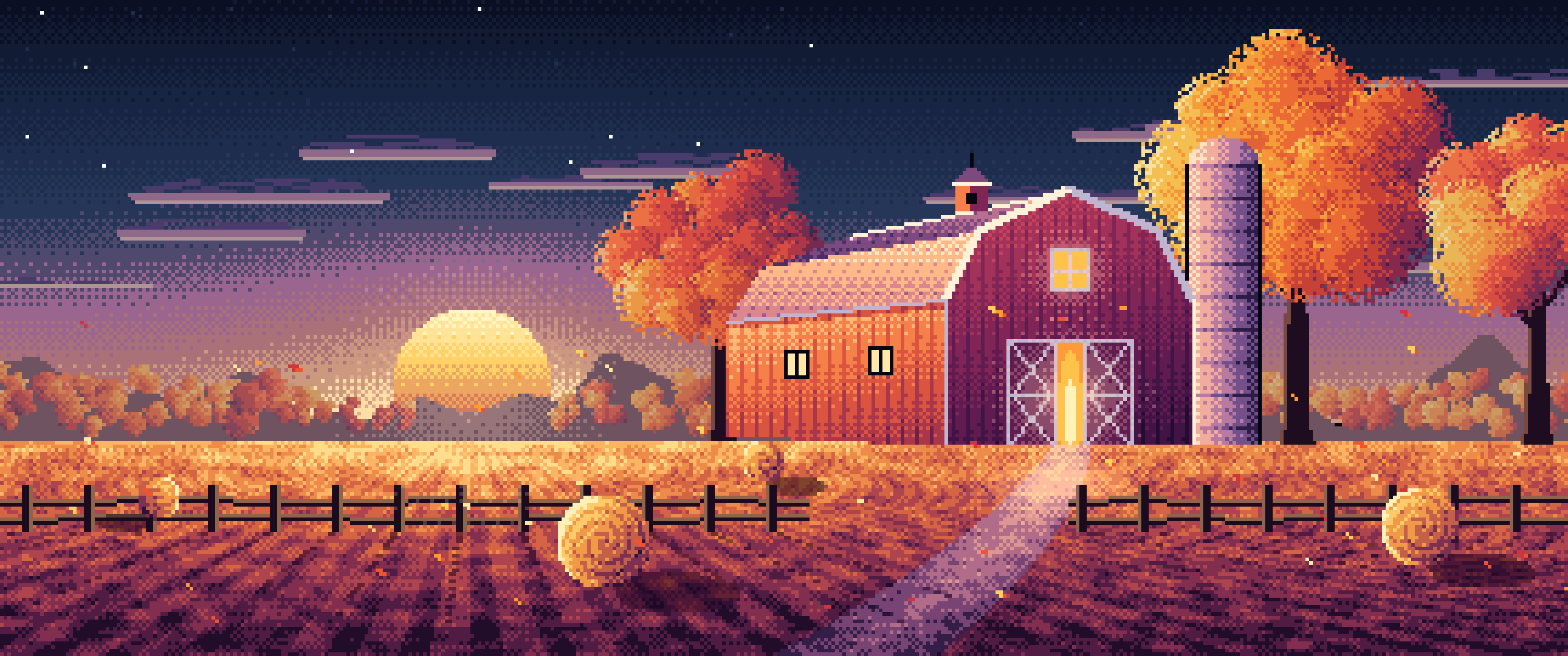 Navy Pixel Art Fall Barn at Sunset ultrawide wallpaper, 3440 × 1440