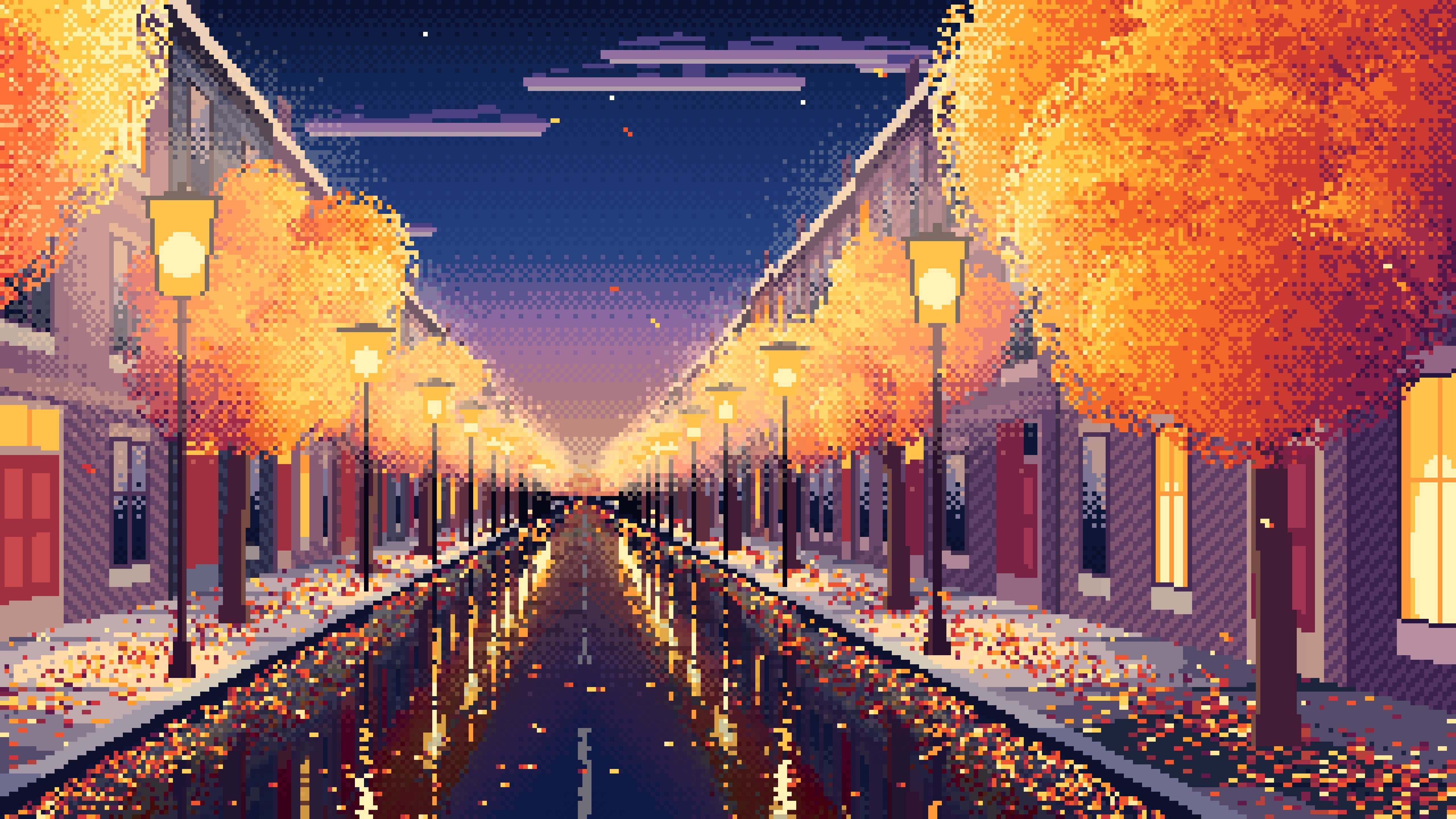 Navy Pixel Art Fall City Street desktop wallpaper in 4K