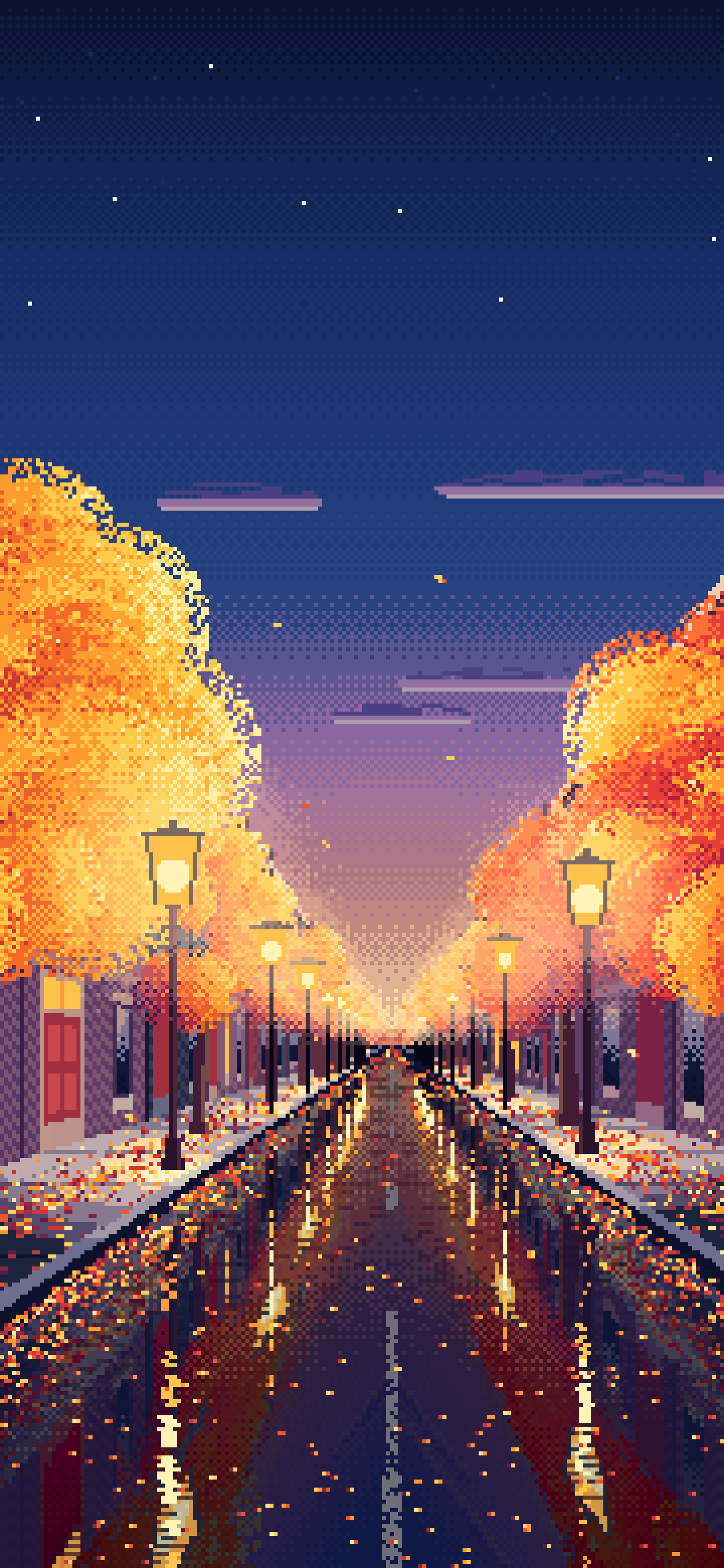 Navy Pixel Art Fall City Street wallpaper for iPhone and Android