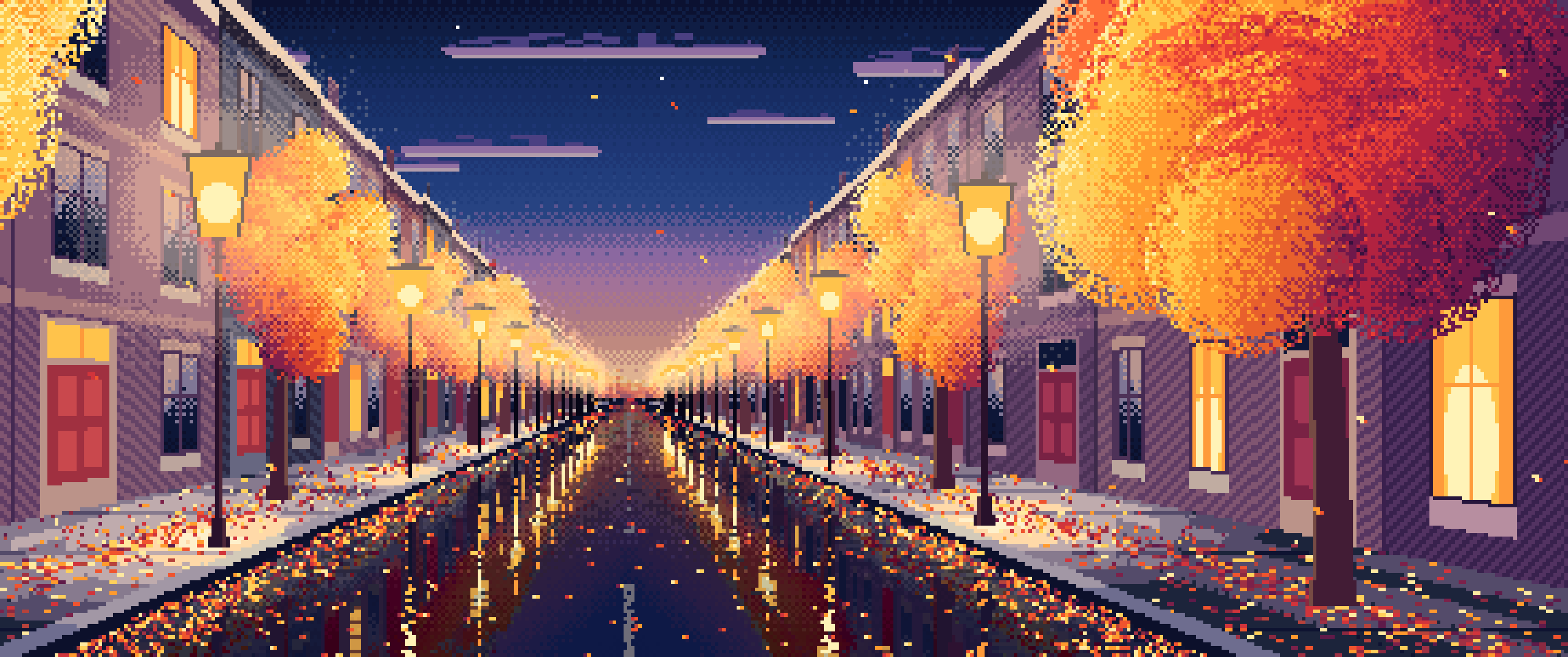 Navy Pixel Art Fall City Street ultrawide wallpaper, 3440 × 1440