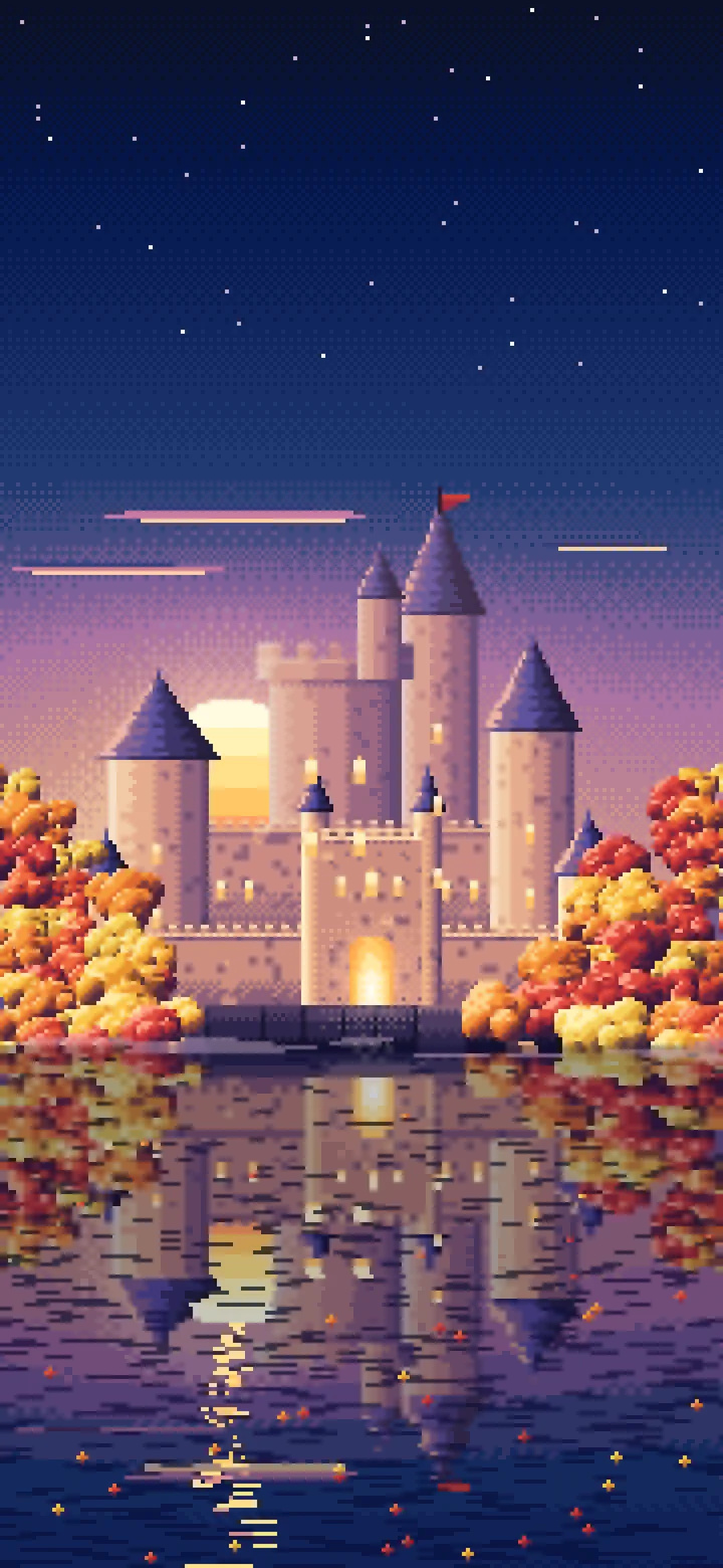 Navy Pixel Art Fall Fantasy Castle on a Lake wallpaper for iPhone and Android