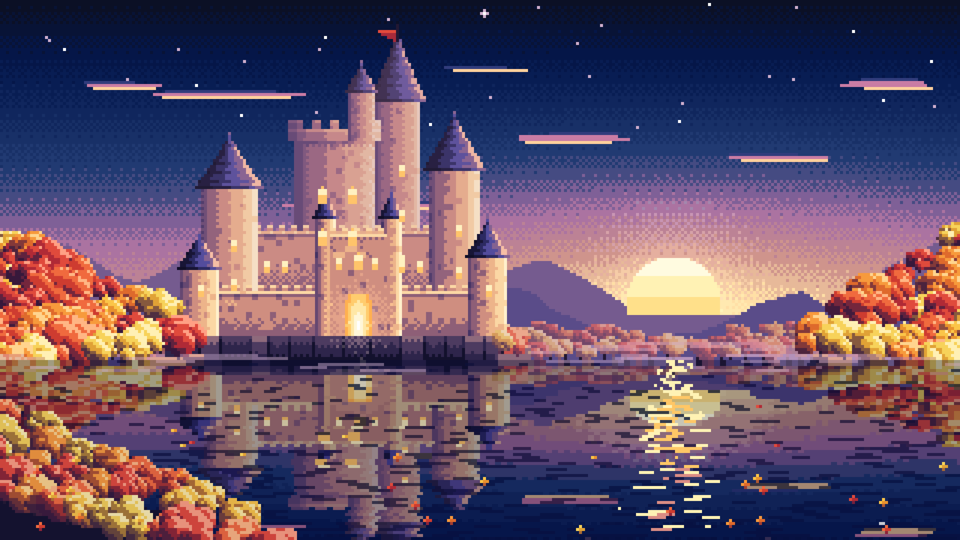 Navy Pixel Art Fall Fantasy Castle on a Lake desktop wallpaper in 4K