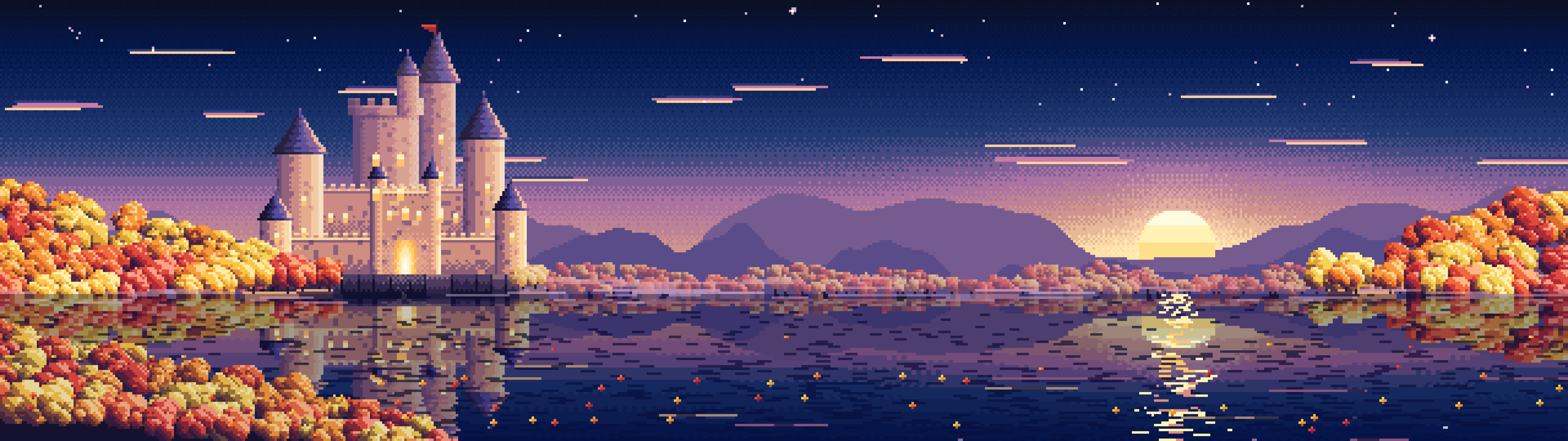 Navy Pixel Art Fall Fantasy Castle on a Lake dual monitor wallpaper, 7680 × 2160
