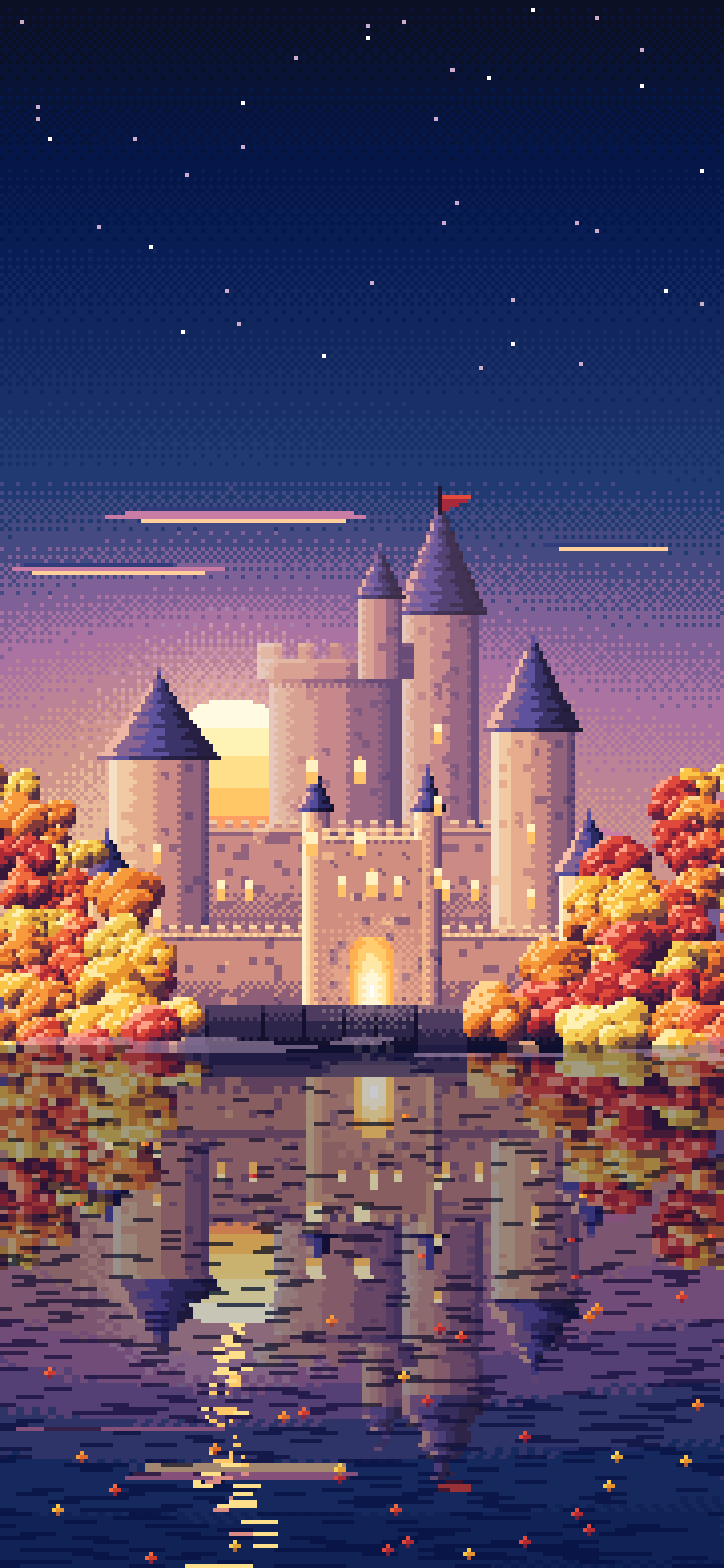 Navy Pixel Art Fall Fantasy Castle on a Lake wallpaper for iPhone and Android