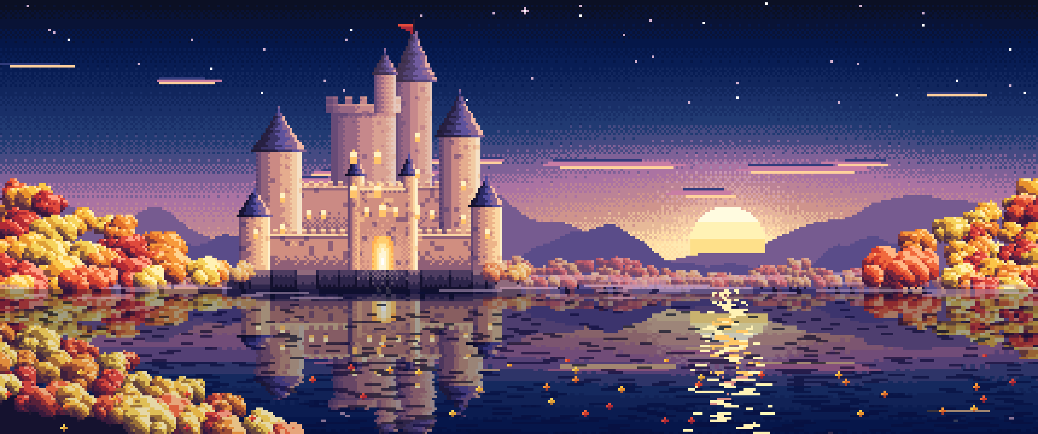 Navy Pixel Art Fall Fantasy Castle on a Lake ultrawide wallpaper, 3440 × 1440