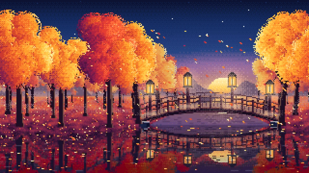 Navy Pixel Art Fall Forest Bridge at Dusk desktop wallpaper in 4K