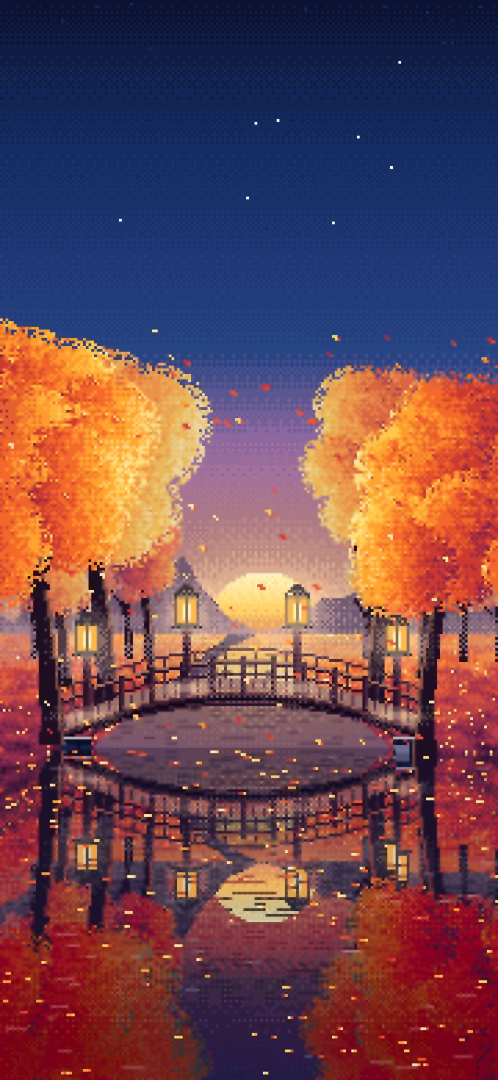 Navy Pixel Art Fall Forest Bridge at Dusk wallpaper for iPhone and Android