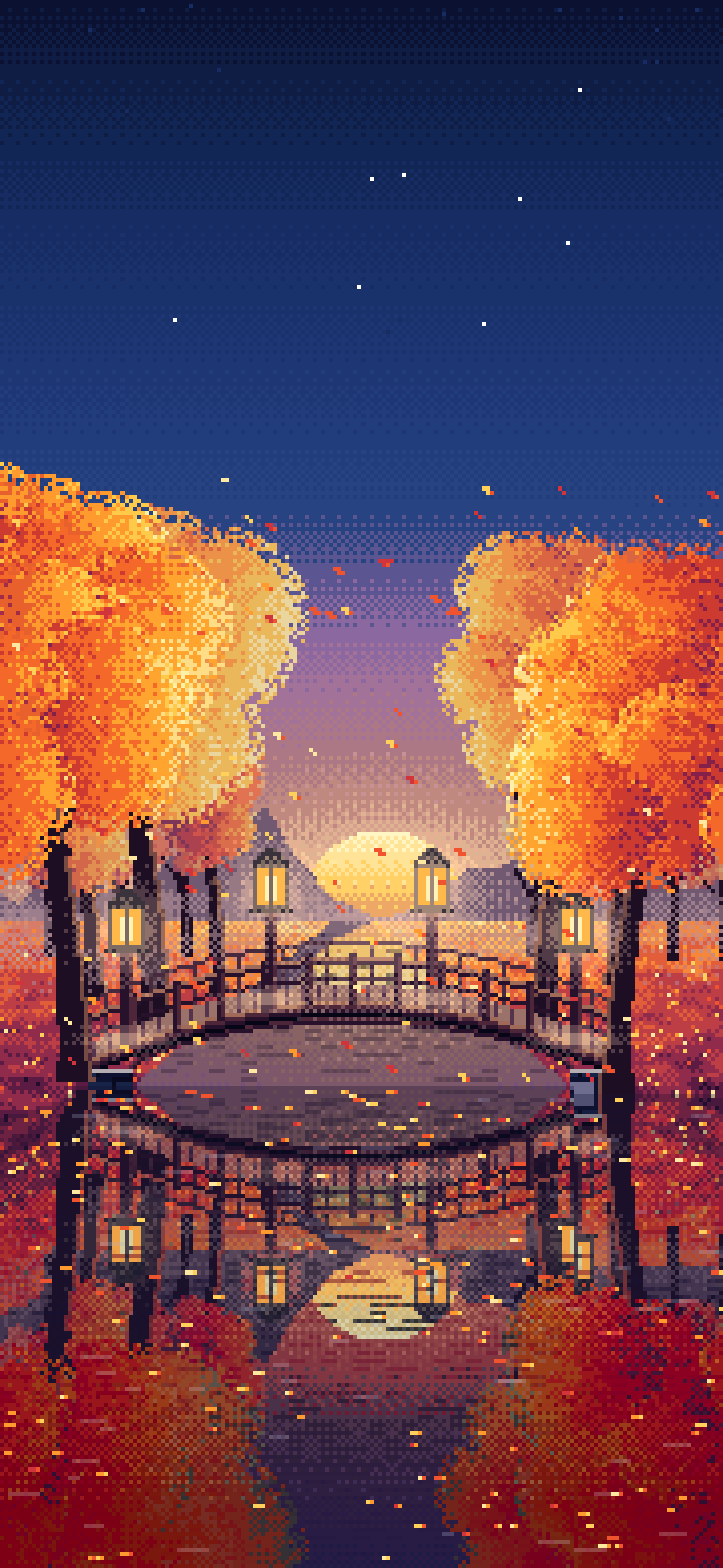 Navy Pixel Art Fall Forest Bridge at Dusk wallpaper for iPhone and Android
